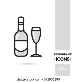 Monochrome linear icon. Stylized bottle and wineglass. One image of series Restaurant icons. Vector illustration. Can be used for applications and websites