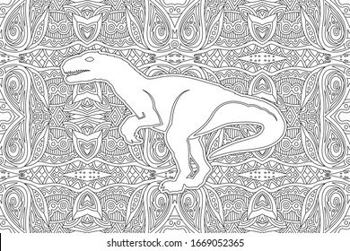 Monochrome linear illustration for coloring book with white dinosaur silhouette on the beautiful background