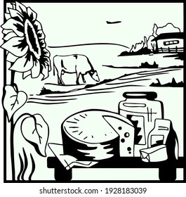 The monochrome linear image depicts an eco-friendly landscape with a farm and farm dairy products.