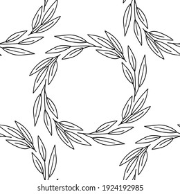 Monochrome linear leaf wreath seamless pattern. Repeatable vector background with retro style flat botanical shapes on white.