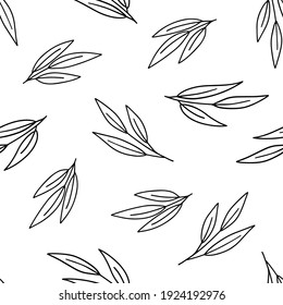 Hojas lineales monocromáticas en ramas sin inconvenientes. Fondo vectorial repetible con formas botánicas planas de estilo retro sobre blanco.