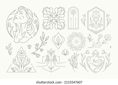 Monochrome linear logo set with fashion woman emblem, natural botanical blossom flower decorative design for wedding greeting card or wellness spa feminine beauty salon logotype vector illustration