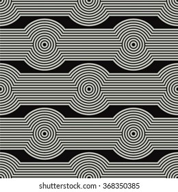 Monochrome linear pattern rings seamless vector background.