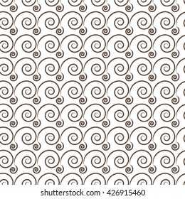 Monochrome linear pattern, spiral, mesh, seamless vector background.