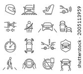 Monochrome linear safe driving icon set vector illustration. Outline logo car safety related isolated. Baby armchair, line and speed control, don't use mobile, keep distance, parking, pedestrian