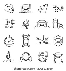 Monochrome linear safe driving icon set vector illustration. Outline logo car safety related isolated. Baby armchair, line and speed control, don't use mobile, keep distance, parking, pedestrian