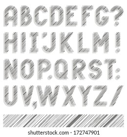 Monochrome lined flat letter set delicate patterned big letters with shadow isolated on white background