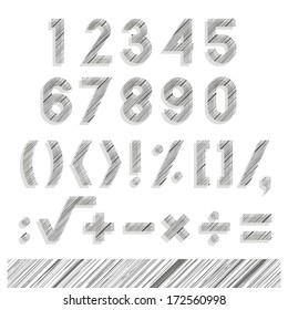 monochrome lined flat sign and symbol set delicate patterned numbers and mathematical elements with shadow isolated on white background