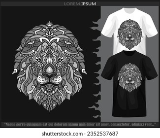 Monochrome Lion head mandala arts isolated on black and white t shirt.