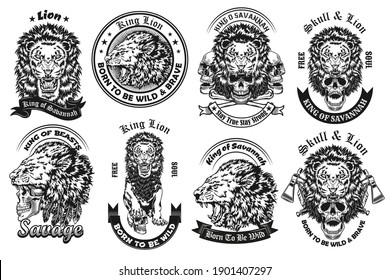 Monochrome lion with skull labels vector illustration set. Retro emblems with lion growling and biting human skull. Savannah animals and wildlife concept can be used for retro template