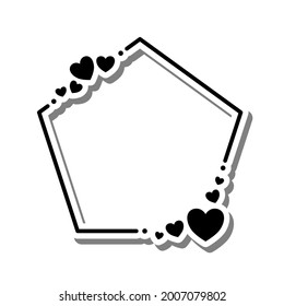 Monochrome little hearts pentagon frame on white silhouette and gray shadow. Vector illustration for decorate logo, text, greeting cards and any design.