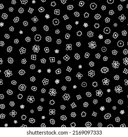 Monochrome little simple flower head seamless repeat pattern. Random placed, doodled vector florals all over surface print on black background.