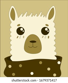 Monochrome Llama in scarf. Vector template for typography poster, t-shirt, postcard, clothes, posters, walls.
Vector illustration isolated on beige background.