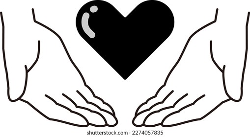 monochrome  llustration of image like Cheering up, helping people, supporting, being kind ,giving love (hands with heart)