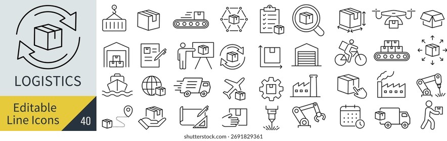 Monochrome Logistikzeile Symbolsatz (Vektorgrafik)