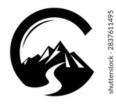 Monochrome logo with a curved framing shape above a mountain range, featuring a winding path snaking between peaks.