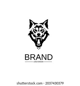 monochrome logo design template, silhouette of a wolf head on a white background,