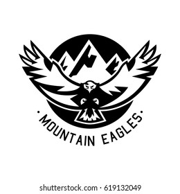 Monochrome logo, eagle flying in the mountains. Vector illustration.