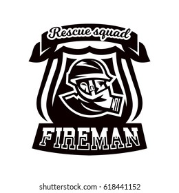 Monochrome logo, emblem, fireman in a gas mask.