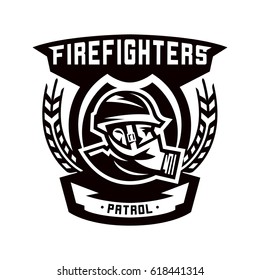 Monochrome logo, emblem, fireman in a gas mask.