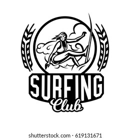 Monochrome logo, emblem, girl surfer. Surfing on the waves, the beach, weekend, extreme sport. Vector illustration.