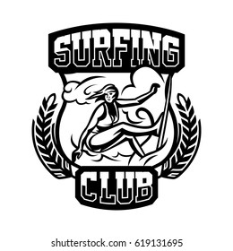 Monochrome logo, emblem, girl surfer. Surfing on the waves, the beach, weekend, extreme sport. Vector illustration.