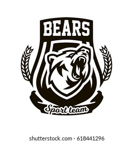Monochrome logo, emblem, growling bear.