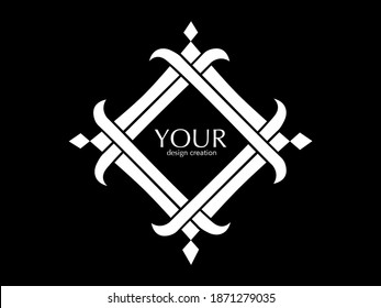 Monochrome logo frame design, inspired by Tamil kolam mandalas from India, black background