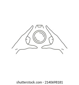 Monochrome logo human hands frame with photo video camera course school studio vector illustration. Line art simple icon emblem for professional photographer journalist or blogger mass media hobby