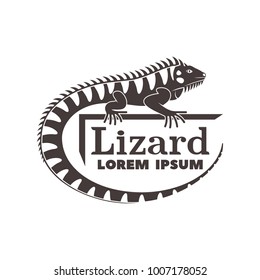 Monochrome logo with the image of a lizard, iguanas with text isolated on white background.