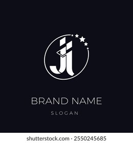 Monochrome logo with the initials JI in a circle and star frame