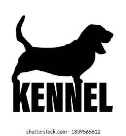 Monochrome logo of the kennel of dogs breed basset hound. The text logo is black and white.