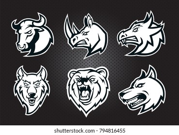 Monochrome logo set : Bull, rhino, wolf, dog, bear , dragon  head isolated vector logo concept. Modern badge mascot design. 