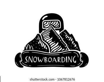 Monochrome logo with a snowboarder holding a snowboard and mountains and hand written text