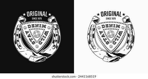 Monochrome logo with steel horseshoe, leather triangular brand patch, text. Design element in western vintage style. For clothing, t shirt, surface decoration