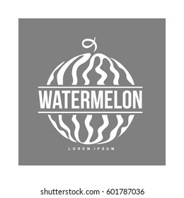 monochrome logo template with side view of stylized striped watermelon, vector illustration isolated on grey background.