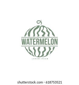 monochrome logo template with side view of stylized striped watermelon, vector illustration isolated on white background. Watermelon logotype, logo design with graphic, stylized whole watermelon