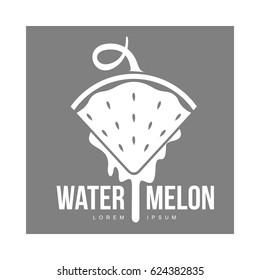 monochrome logo template with side view of stylized triangular watermelon slice pointing down, vector illustration isolated on grey background. Watermelon logotype, logo design with watermelon slice