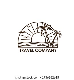 Monochrome Logo travel company. Tourist trip. Sunset, ocean and palm trees