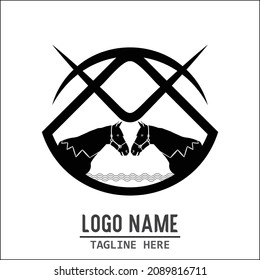 Monochrome logo of two horse farm animals on a polygonal form background