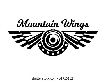 Monochrome logo, wheel and wings. Mountain biking, extreme sports. Vector illustration.