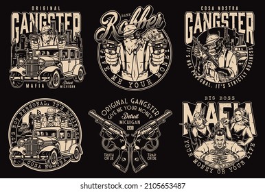 Monochrome Logotype-Set mit Gorilla Mobster im Auto, Mann gewinnt Geld im Casino und zwei Revolver, Vektorgrafik
