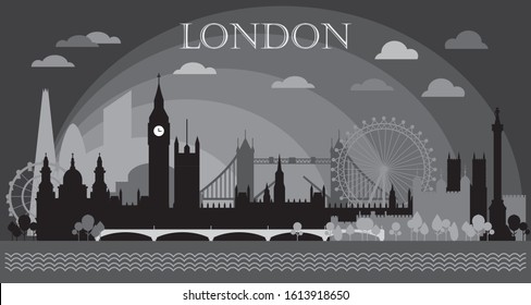 Monochrome London city skyline silhouette vector Illustration in black and grey colors isolated on grey background. Panoramic vector silhouette Illustration of landmarks of London, England.