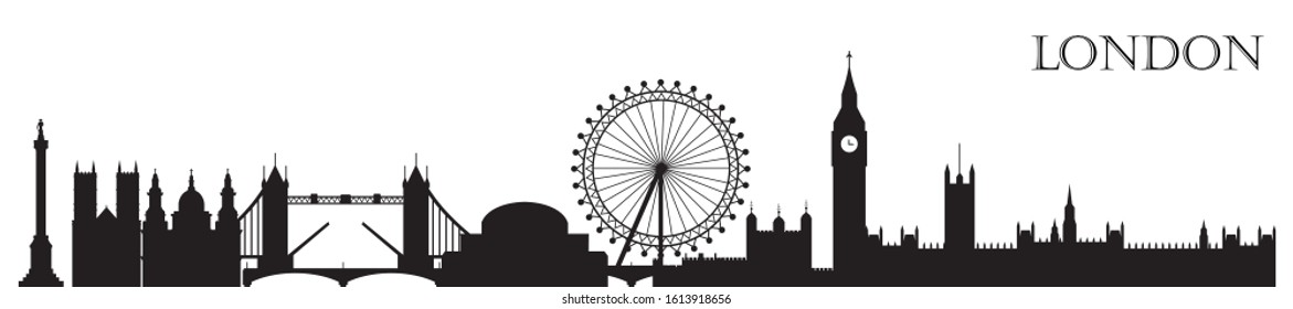 Monochrome London city skyline silhouette vector Illustration in black color isolated on white background.  panoramic vector silhouette Illustration of main landmarks of London, England.