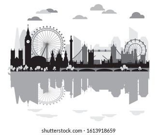 Monochrome London city skyline silhouette with reflection, vector illustration in black and grey colors isolated on white.  panoramic vector silhouette illustration of landmarks of London.