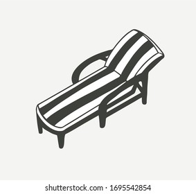 Monochrome lounger deck chair with stripes, isolated vector. Summer vacation, travel and beach relax concept. Beach chair hand drawn illustration isolated on a white background.