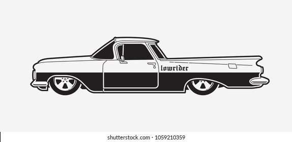 Monochrome Low Rider Car. Retro Style Pick Up.