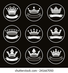 Monochrome luxury crowns collection. 3d imperial accessories. High quality classic coronets.