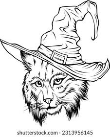 monochrome lynx head with wizard hat vector illustration