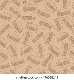 Monochrome macaroons seamless pattern. French sweet Desserts isolated on vintage brown background. Hand drawn pattern. For menu, in food industry, for posters, wallpapers, wrapping paper.